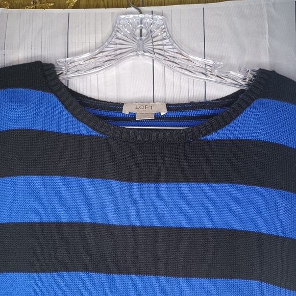 LOFT blue and black striped 3/4 sleeve 100% Cotton sweater - Picture 5 of 11